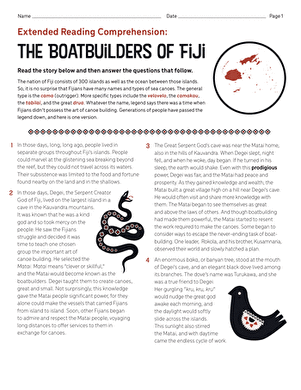 Extended Reading Comprehension: The Boatbuilders of Fiji | Worksheet ...