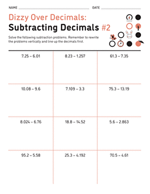Dizzy Over Decimals: Subtracting Decimals #2