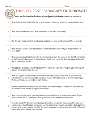 Novel Study: The Giver: Post-Reading Response Prompts