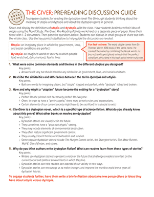 Novel Study: The Giver: Pre-Reading Discussion Guide