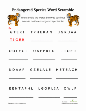 Endangered Species Word Scramble