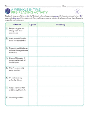 Novel Study: A Wrinkle in Time: Pre-Reading Activity