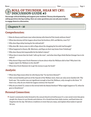 Novel Study: Roll of Thunder, Hear My Cry: Discussion Guide #3