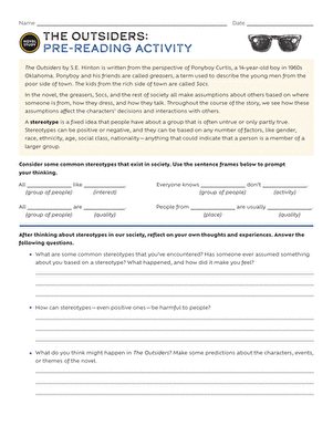 Novel Study: The Outsiders: Pre-Reading Activity