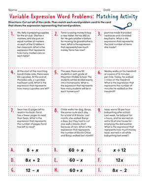 Variable Expression Word Problems: Matching Activity