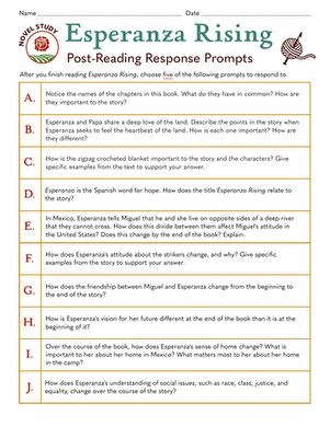 Novel Study: Esperanza Rising: Post-Reading Response Prompts