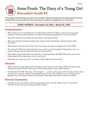 Book Study: Anne Frank: The Diary of a Young Girl: Discussion Guide #2 