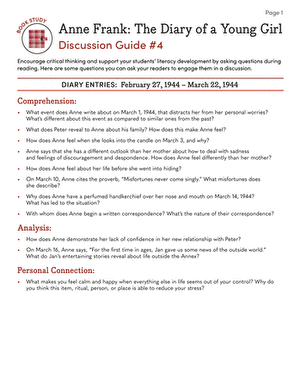 Book Study: Anne Frank: The Diary of a Young Girl: Discussion Guide #4