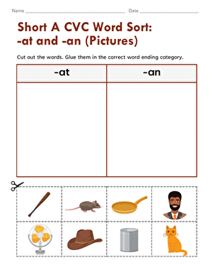 Short A CVC Word Sort: -at and -an (Pictures)