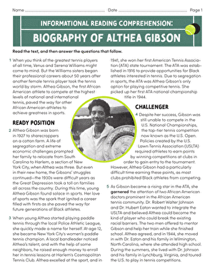Informational Reading Comprehension: Biography of Althea Gibson