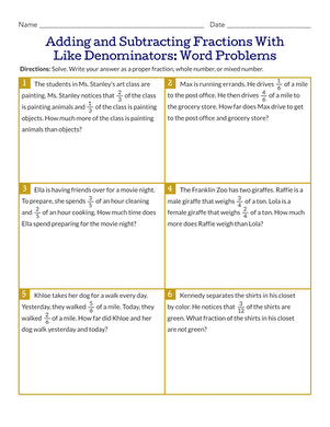 Adding and Subtracting Fractions With Like Denominators: Word Problems