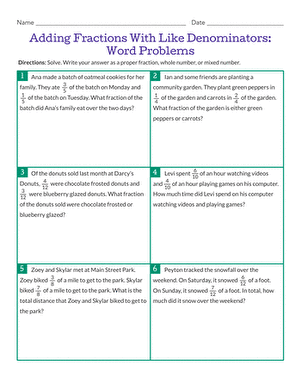 Adding Fractions With Like Denominators: Word Problems
