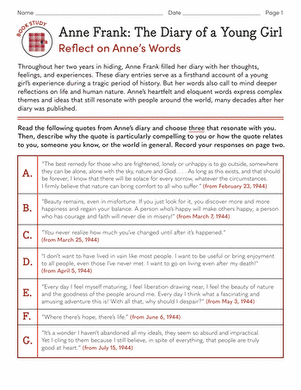 Book Study: Anne Frank: Diary of a Young Girl: Reflect on Anne’s Words