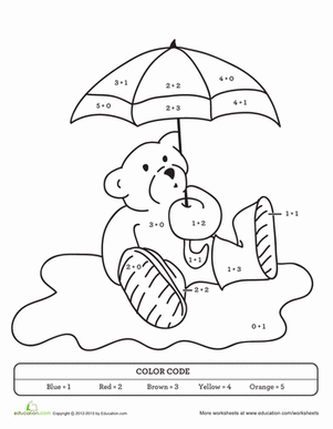 Color by Sum: Rainy Day Teddy Bear
