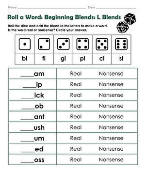 Roll a Word: Beginning Blends: L Blends