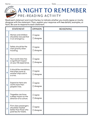 Book Study: A Night to Remember: Pre-Reading Activity