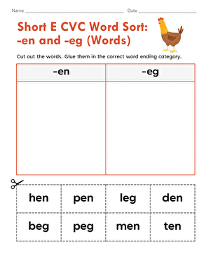 Short E CVC Word Sort: -en and -eg Words 