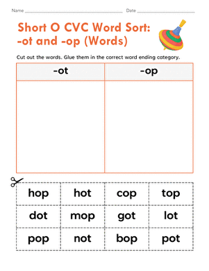 Short O CVC Word Sort: -ot and -op (Words)