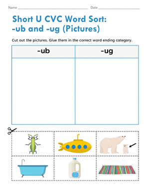 Short U CVC Word Sort: -ub and -ug (Pictures)