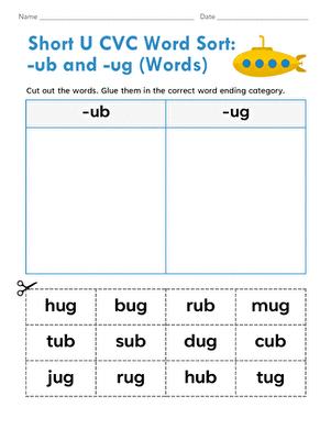 Short U CVC Word Sort: -ub and -ug (Words)