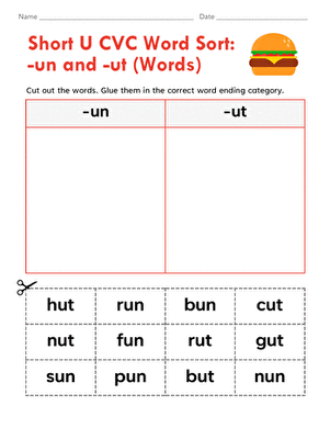 Short U CVC Word Sort: -un and -ut (Words)
