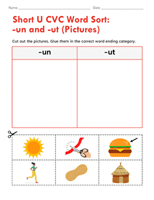 Short U CVC Word Sort: -un and -ut (Pictures)