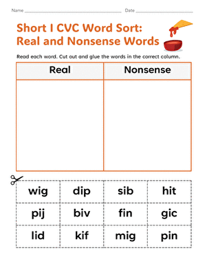 Short I CVC Word Sort: Real and Nonsense Words