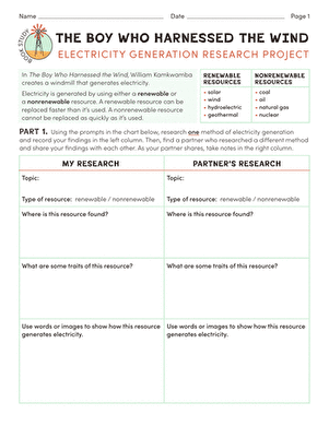 Book Study: The Boy Who Harnessed the Wind: Electricity Generation Research Project