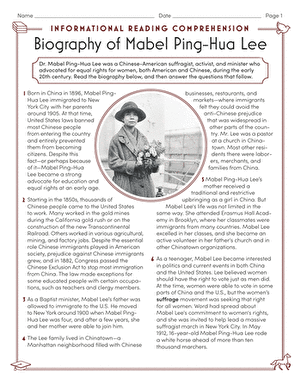 Informational Reading Comprehension: Biography of Mabel Ping-Hua Lee