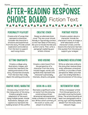After-Reading Response Choice Board: Fiction Text