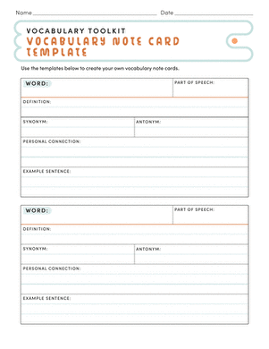 Vocabulary Note Cards Template
