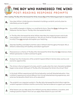 The Boy Who Harnessed the Wind: Post-Reading Questions