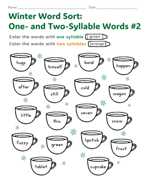 Winter Word Sort: One- and Two-Syllable Words #2