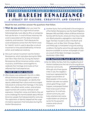 Informational Reading Comprehension: The Harlem Renaissance: A Legacy of Culture, Creativity, and Change