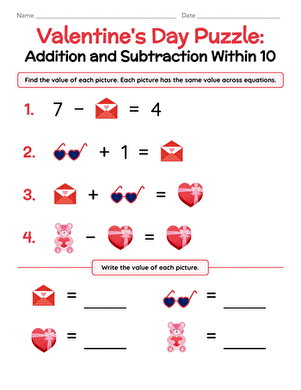 Valentine's Day Puzzle: Addition and Subtraction Within 10