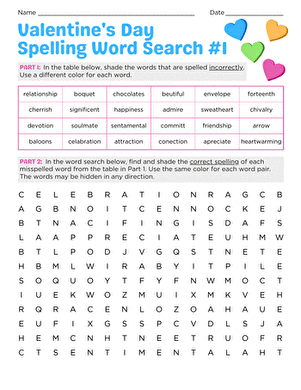 Valentine's Day Spelling Word Search #1