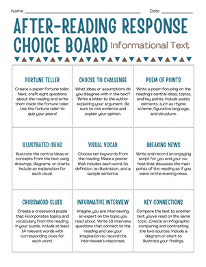 After-Reading Response Choice Board: Informational Text