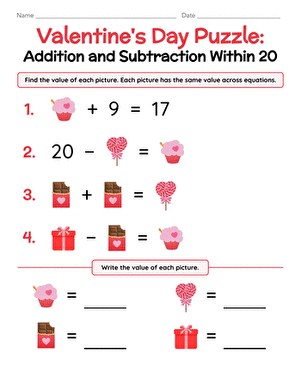 Valentine's Day Puzzle: Addition and Subtraction Within 20