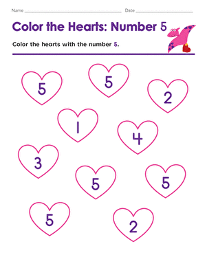 Color the Hearts: Number 5