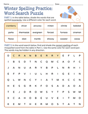 Winter Spelling Practice: Word Search Puzzle