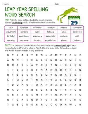 Leap Year Spelling Word Search