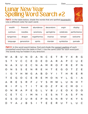 Lunar New Year Spelling Word Search #2