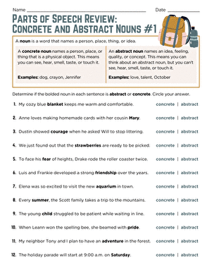 Parts of Speech Review: Concrete and Abstract Nouns #1