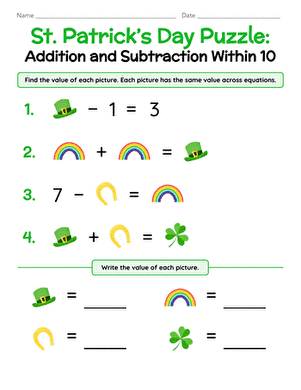 St. Patrick's Day Puzzle: Addition and Subtraction Within 10