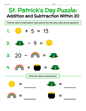St. Patrick's Day Puzzle: Addition and Subtraction Within 20