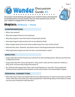 Novel Study: Wonder: Discussion Guide #1