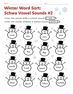 Winter Word Sort: Schwa Vowel Sounds #2
