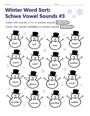 Winter Word Sort: Schwa Vowel Sounds #3