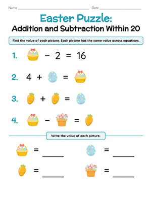 Easter Puzzle: Addition and Subtraction Within 20