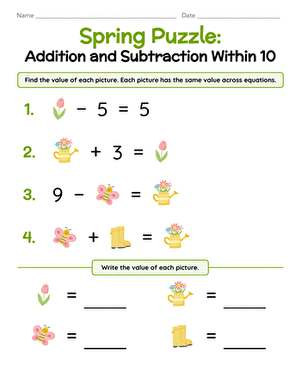 Spring Puzzle: Addition and Subtraction Within 10